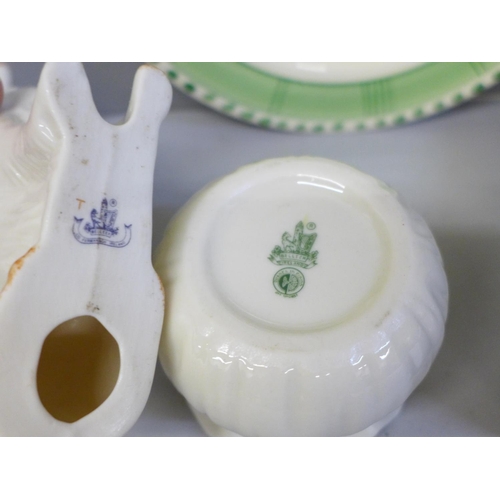 650 - Two items of Belleek, one small basket vase, a Rough Collie dog, a Clarice Cliff 'Christine' plate a... 