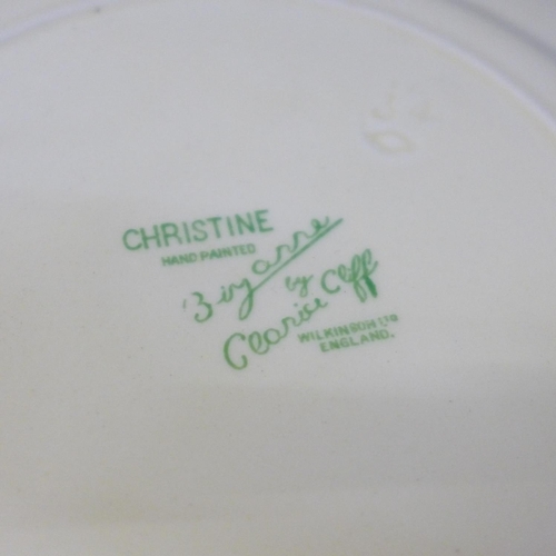 650 - Two items of Belleek, one small basket vase, a Rough Collie dog, a Clarice Cliff 'Christine' plate a... 