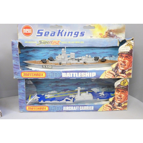 663 - Three vintage Matchbox models in original boxes; a Sea Kings K-303 Superfast Battleship, box a/f, a ... 