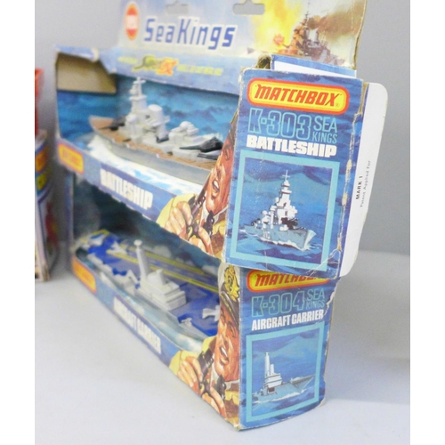 663 - Three vintage Matchbox models in original boxes; a Sea Kings K-303 Superfast Battleship, box a/f, a ... 