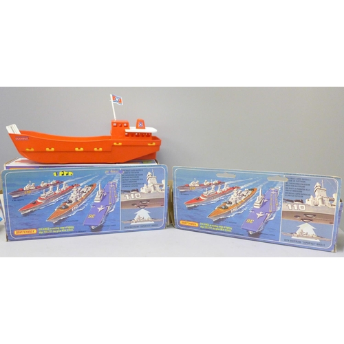 663 - Three vintage Matchbox models in original boxes; a Sea Kings K-303 Superfast Battleship, box a/f, a ... 