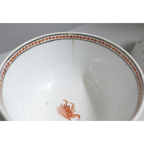 679 - Newhall porcelain, A Boy in Window pattern bowl, circa 1810, an Imari pattern cup and saucer, a Chin... 