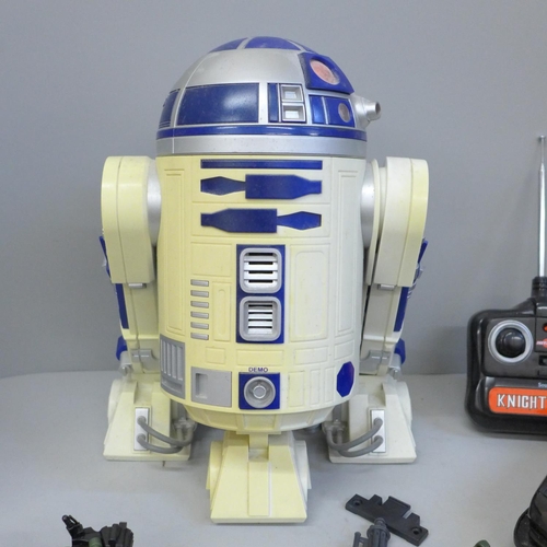 682 - An R2D2 telephone, a Night Rider remote control car and a soldier figure with motorbike