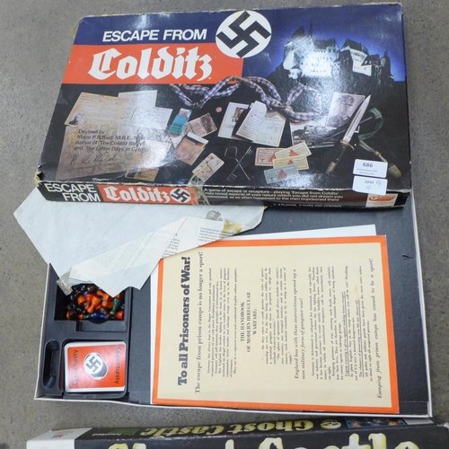 686 - Three board games; Escape from Colditz, Monopoly Jersey edition and Ghost Castle