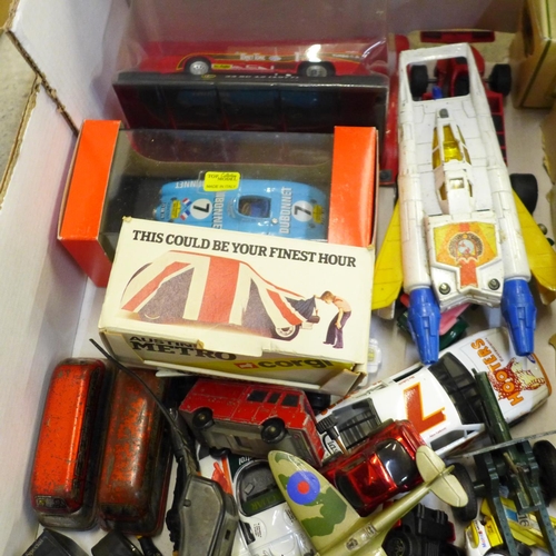 701 - A collection of die-cast model vehicles, plastic model tanks, Star Wars film cell display, etc., two... 