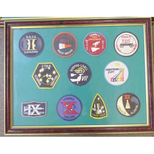 703 - Moon landing related items including two framed sets of pilot patches, holographic images, ephemera,... 