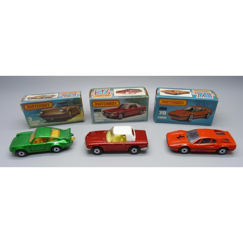 707 - Three vintage Matchbox 75 cars in original boxes; a 6 Mercedes Tourer, a 70 Ferrari and a 3 Porsche ... 