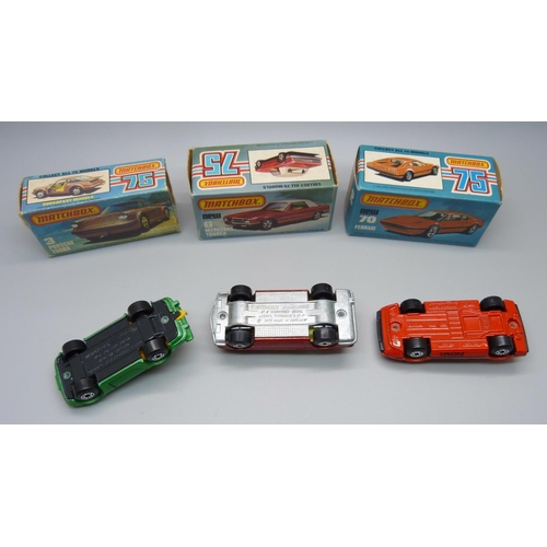 707 - Three vintage Matchbox 75 cars in original boxes; a 6 Mercedes Tourer, a 70 Ferrari and a 3 Porsche ... 