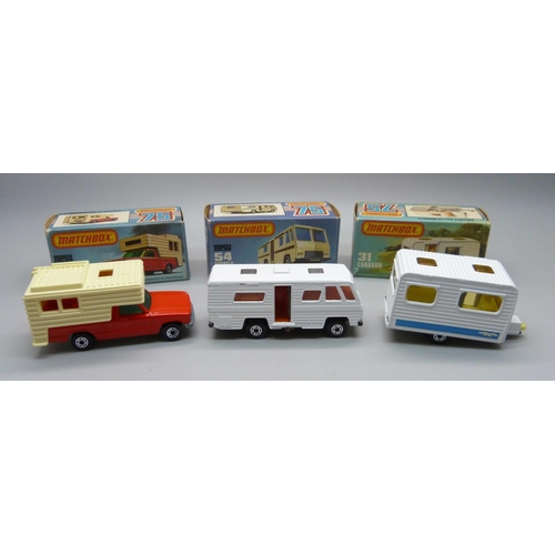 708 - Three vintage Matchbox 75 cars in original boxes; a 31 Caravan, a 54 Mobile Home and a new 38 Camper