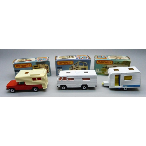 708 - Three vintage Matchbox 75 cars in original boxes; a 31 Caravan, a 54 Mobile Home and a new 38 Camper