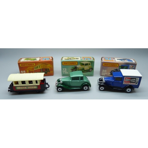 709 - Three vintage Matchbox 75 cars in original boxes; a 44 Passenger Coach, a 73 Model 'A' Ford and a 38... 