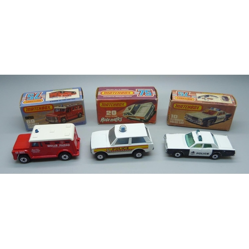 712 - Three vintage Matchbox 75 cars in original boxes; a 10 Plymouth Police Car, box a/f, a Superfast 69 ... 