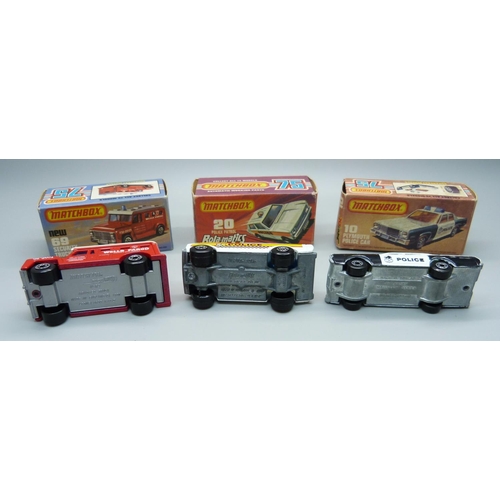 712 - Three vintage Matchbox 75 cars in original boxes; a 10 Plymouth Police Car, box a/f, a Superfast 69 ... 