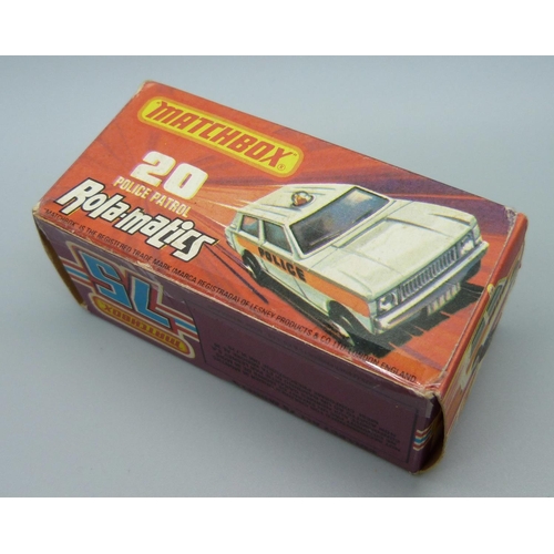 712 - Three vintage Matchbox 75 cars in original boxes; a 10 Plymouth Police Car, box a/f, a Superfast 69 ... 