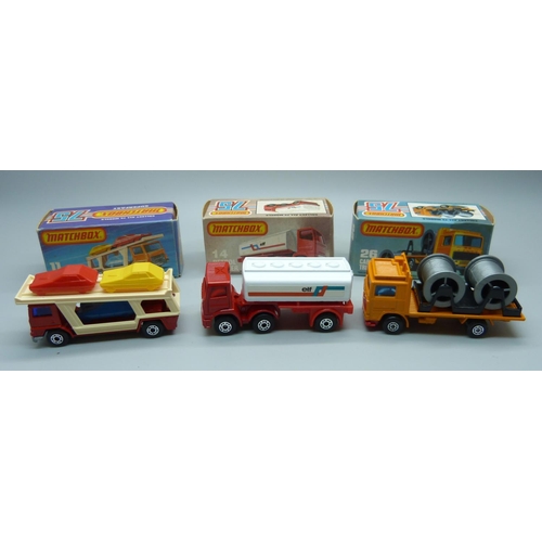 725 - Three vintage Matchbox 75 trucks in original boxes; a 14 Petrol Tanker, a 26 Cable Truck and an 11 C... 