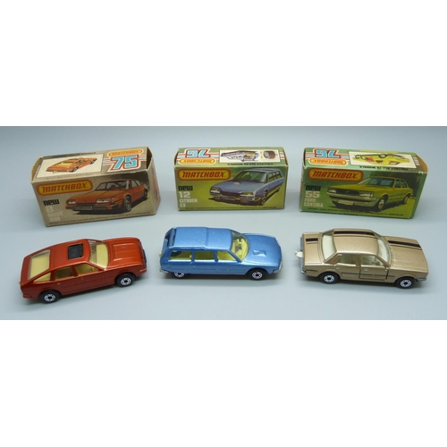 Three vintage Matchbox 75 cars in original boxes; a new 8 Rover 3500, a ...