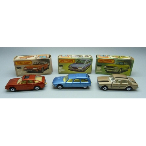 Three vintage Matchbox 75 cars in original boxes; a new 8 Rover 3500, a ...