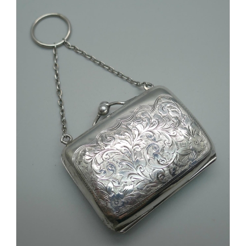 859 - A small hand engraved silver purse, Birmingham 1911, interior a/f