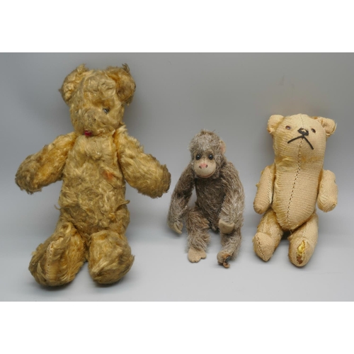 867 - Two small vintage Teddy bears, including one Steiff and a small toy monkey