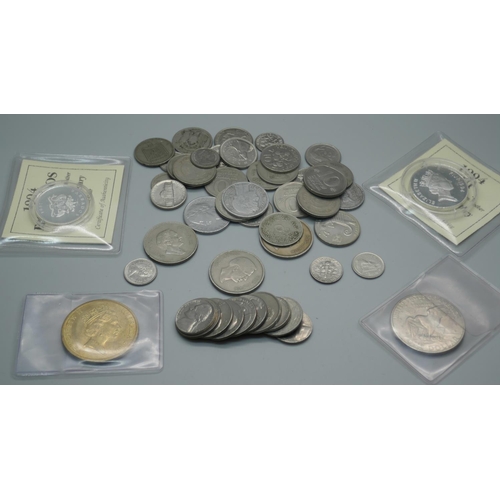 881 - Coins; a Fiji silver proof $5, Barbados silver proof one dollar, a US 1972 one dollar and other coin... 