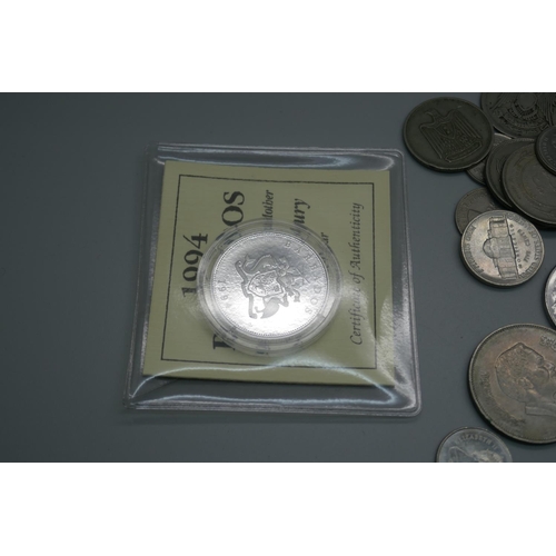 881 - Coins; a Fiji silver proof $5, Barbados silver proof one dollar, a US 1972 one dollar and other coin... 