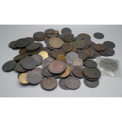 890 - A collection of mainly 19th Century coins and tokens including an 1850 a Bank of Upper Canada half-p... 