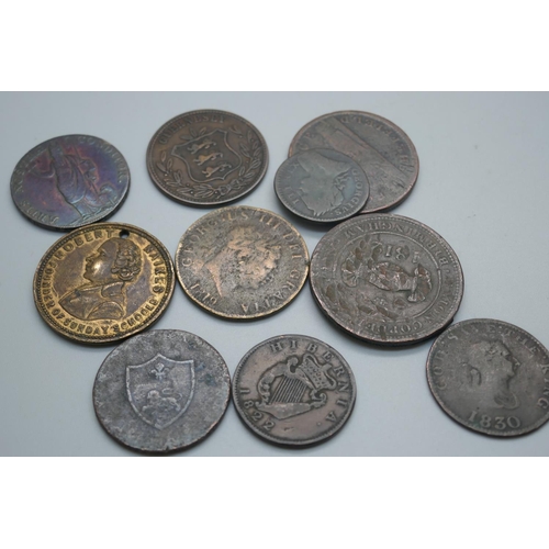 890 - A collection of mainly 19th Century coins and tokens including an 1850 a Bank of Upper Canada half-p... 