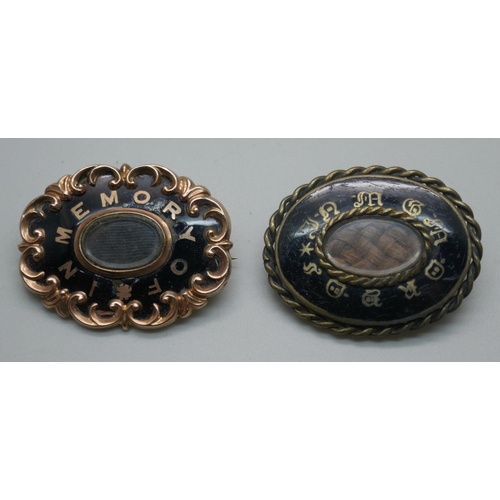 924 - Two Victorian memorial brooches, one lacking pin