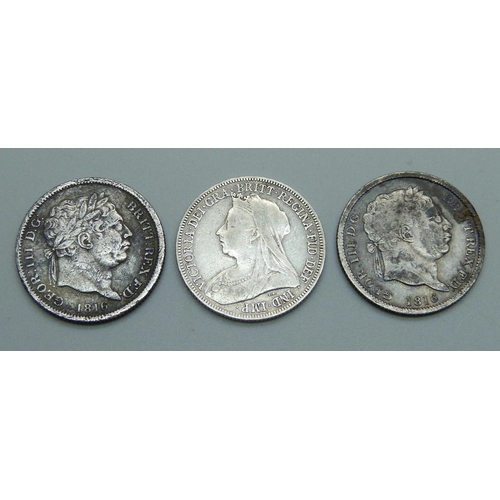 931 - Two 1816 George III shillings and an 1897 shilling