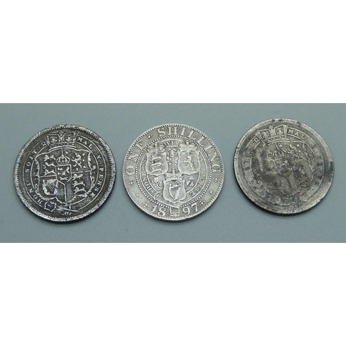 931 - Two 1816 George III shillings and an 1897 shilling