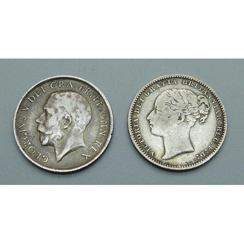 932 - A Victorian 1882 shilling, fourth head, and a 1912 shilling