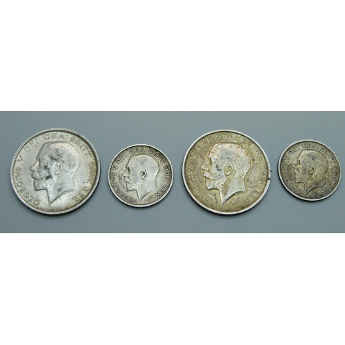 933 - Two half-crowns, 1914 and 1916, and two shillings, 1914 and 1917