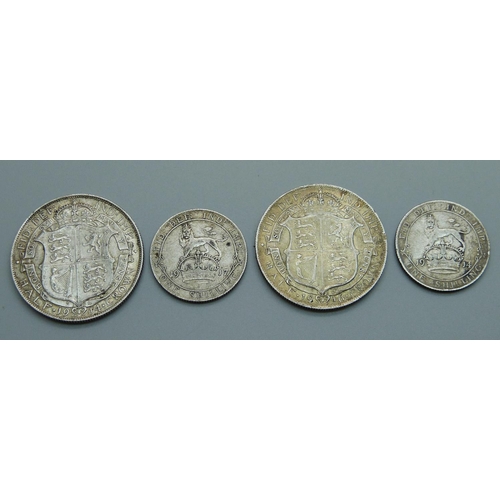 933 - Two half-crowns, 1914 and 1916, and two shillings, 1914 and 1917