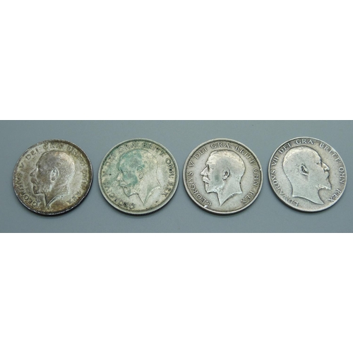 936 - Four half-crowns; 1909, 1914, 1915 and 1916