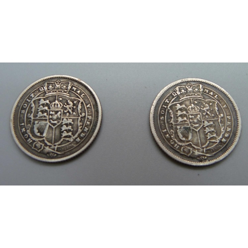 938 - Two George III shillings; 1816 and 1818