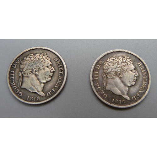 938 - Two George III shillings; 1816 and 1818