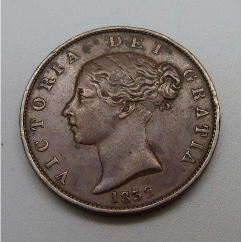 939 - An 1839 Isle of Man half penny