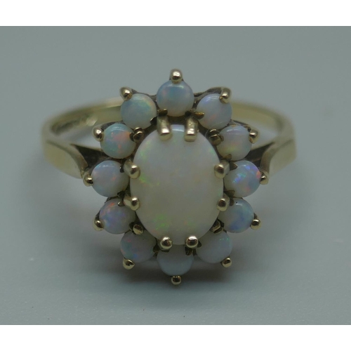 941 - A 9ct gold and opal cluster ring, 2.2g, M