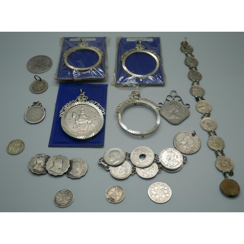 947 - Silver coins, silver coin jewellery and coin mounts, some a/f