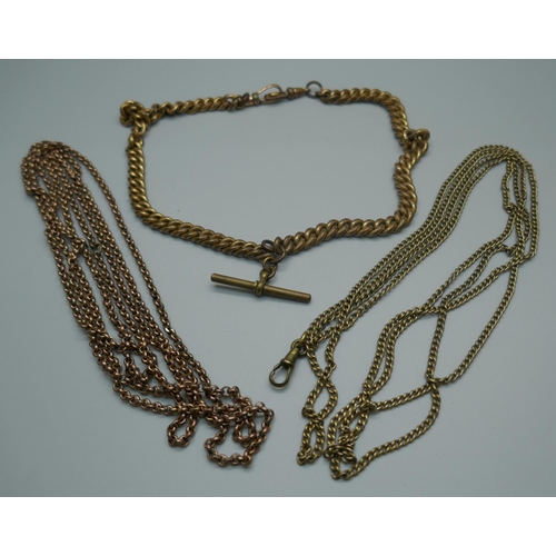 951 - A gold plated Albert chain and two plated guard chains