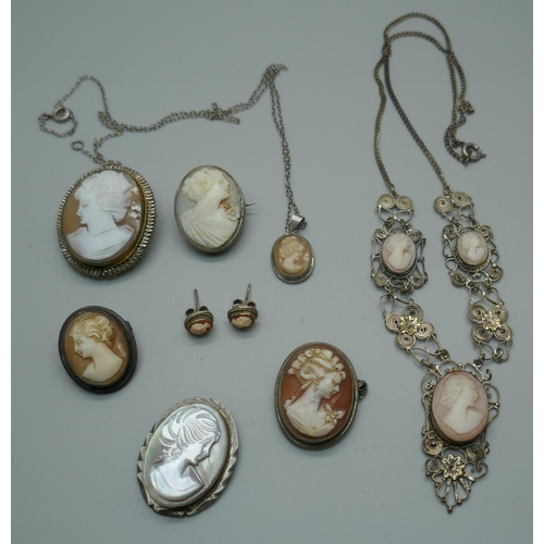 955 - A collection of cameo jewellery, including five pendants/brooches, necklet, a pair of earrings and a... 