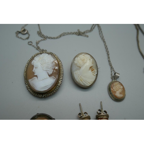 955 - A collection of cameo jewellery, including five pendants/brooches, necklet, a pair of earrings and a... 