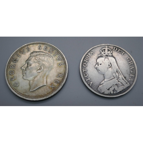 957 - An 1888 double florin and a 1949 South Africa five shillings, (80% silver, 28.5g)