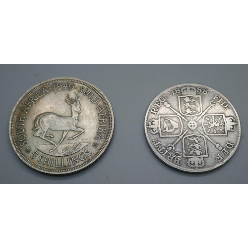 957 - An 1888 double florin and a 1949 South Africa five shillings, (80% silver, 28.5g)