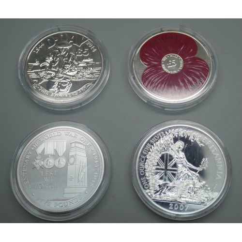 958 - A 2007 silver Britannia £2 coin, a 2014 silver Jersey D-Day £5 coin, a 2014 WWI Centenary £5 coin an... 