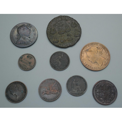 959 - Assorted coins including a 1774 half-penny, four farthings, an 1844 half farthing, an 1820 George II... 