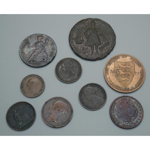 959 - Assorted coins including a 1774 half-penny, four farthings, an 1844 half farthing, an 1820 George II... 