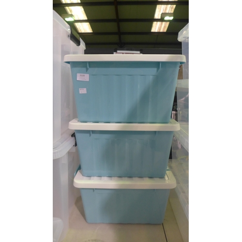 3339 - 3 small blue/grey storage containers with lids