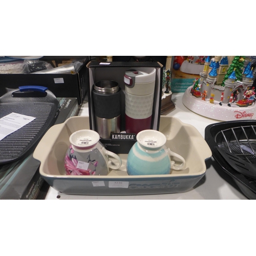 3236 - Crockpot Oven Dish, KitchenCraft Footed Mugs, Kambukka Travel Mugs (Hot/Cold)  (314-76,97,108) *This... 