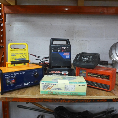 2266 - A quantity of automotive starters and chargers, etc., including an RAC heavy duty battery charger/en... 